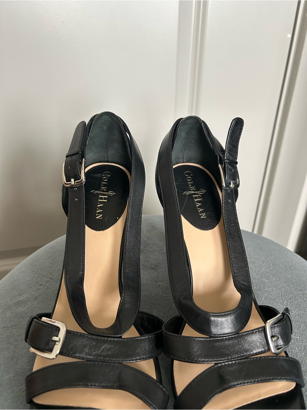 Cole Haan Black Leather Buckle Strap High Heels - Picture 3 of 4